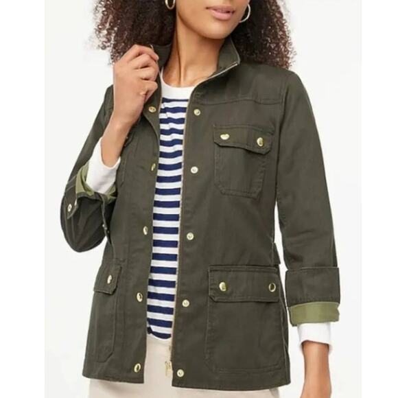 J Crew Downtown Field Jacket Women's XS Army Green Gold Zip Snap Chore Safari - Picture 13 of 13